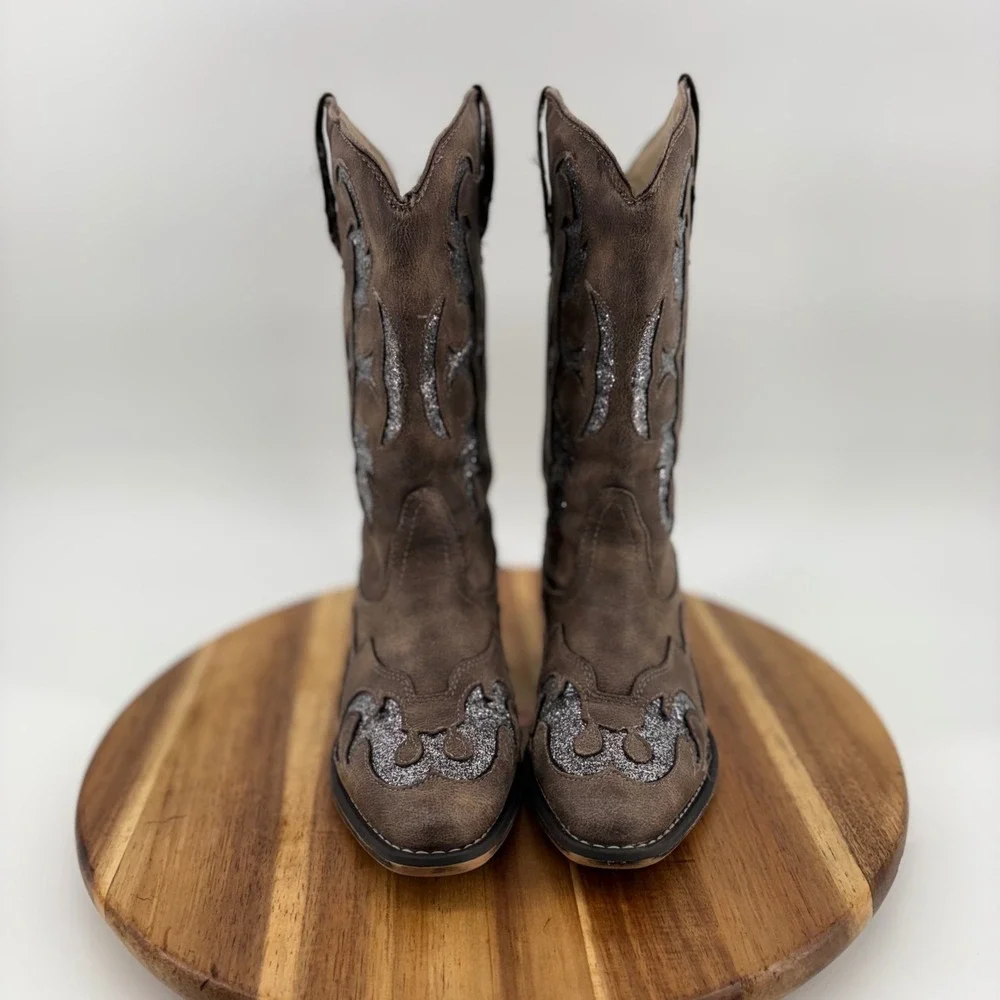 Jessica Cline Lansing Girls Brown Glitter Western Cowboy Boots Size 5M
